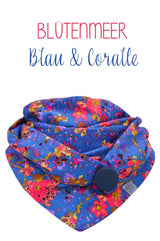 Dreieckstuch | BlütenMeer | Blau - Dreieckstuch mit Knopf aus weicher, blauer Baumwolle mit bunten Blüten, made with love, handmade , kleines Label, nachhaltig, schön, perfekt gestylt, langlebig, verschiedene Tragevarianten