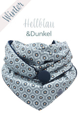 Dreieckstuch | WINTER | Blüten & Hellblau | Blau Kuscheltuch wishproject Halstuch Damen aus Blauer Baumwolle , flauschig gefüttert für den Winter, Dreieckstuch mit Knopf, wie Loop aber viel praktischer, made with Love, fair wear, sustainable, handmade by wishproject