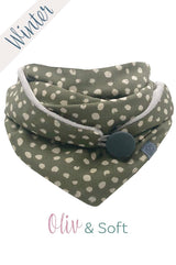 Dreieckstuch | Oliv & Soft | WINTER | Oliv & Grau Kuscheltuch wishproject , Halstuch für Damen aus weicher, fließender Viscose, gefüttert mit hellgrauem Microfaserplüsch; verschließbar mit Knopf; Farbe Oliv mit cremefarbenen Tupfen, made with love, Fair Wear, made in Germany, Handmade, flauschig, weich und chic