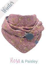 Halstuch Damen mit Knopf aus Viscose, gefüttert mit weichem, flauschigem, wärmenden Microfaserplüsch, Oberstoff: Altrosa Viscose mit goldenem Paisley Muster, Futterstoff hellgrau, made with love, made in Germany, Handmade, langlebig, stilvoll, chic