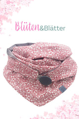 Blüten & Blätter ist ein weiches, schickes Tuch aus rosa Baumwolle, gefüttert mit weichem, warmen Futterstoff, mit Knopf zum schließen, um die Frisur nicht zu zerzausen, made with love, made in germany, nachhaltig, fairwear, fair produziert, hergestellt in Deutschland