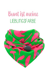 Dreieckstuch | WOW! | Grün & Pink - Halstuch mit Knopf , vielseitig verwendbar, stylisch, praktisch, gemütlich und schick. Material: Viscose / Baumwollnicky, Farben: Grün und Pink, Muster: abstrakt, made with love for you, handmade, Fair Wear