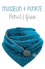 Dreieckstuch | PünktchenLiebe | Musselin & Petrol - Halstuch für Damen, Dreieckstuch mit Knopf, aus weichem, gemütlichen Musselin Stoff, gefüttert mit flauschigem Baumwolle Nicki, Oberstoff: Baumwolle in petrol mit kleinen weißen Pünktchen, Futterstoff: Salbei-grün, made with love, made in Germany, nachhaltig, Lieblinsstück, Lieblingstuch, Fair Wear