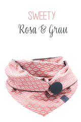 Dreieckstuch | Rosa & Grau - Dreieckstuch mit Knopf Farbe rosa mit Weißen Blättern, Futterstoff Nicky grau, praktisches Accessoire, vielseitig einsetzbar, individuell, chic, stylisch, rosa, grau, Zuckerwatte Rosa, rose