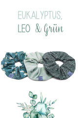 Scrunchie Set | Wild & Grün - Eukalyptus , Leo und uni hellgün bilden die perfekte Haarstyle kombination im angesagten grünton, für messi-Bun, Pferdeschwanz, Zopfgummi, oder am Handgelenk, stylisch, komfortabel, nachhaltig, praktisch und schön, made with love for you