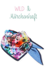 Sommertuch | Wild & Funky | Fairytale | Blau Sommertuch wishproject - Dreieckstuch für den Sommer/ Frühling aus weichem Viscose-Jeans und buntem Seidensatin. Wendetuch, praktisch, chic, stylisch, märchenhaft, fair wear, made with Love by wishproject