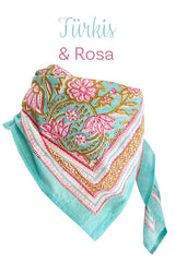 Pareo Tuch Oh India Sommertuch wishproject - Großes Baumwolltuch in Türkis mit rosa Blumenmuster aus handbedruckter Baumwolle – vielseitig als Pareo, Halstuch oder Strandtuch.