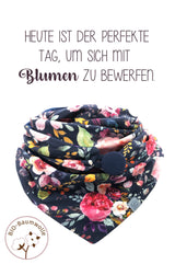 Halstuch Damen aus Bio-Baumwolle dunkelblau mit buntem Blüten Aquarell Muster . Heute ist der perfekte Tag, um sich mit Blumen zu bewerfen.