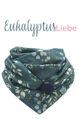 Halstuch Damen Eukalyptus Print auf 100% Baumwolle, Futterstoff aus weichem, samtigem Baumwollnicki in Dunkelblau, made with Love by wishproject, fair wear, sustainable, nachhaltig