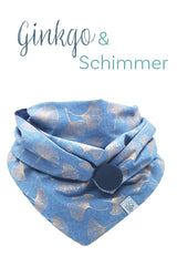 Halstuch Damen jeansblau mit schimmernden Ginkgo Blättern, mit Knopf zum verschließen, wie Loop nur viel besser, made with Love, weiches, warmes , schickes Tuch