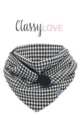 Halstuch Damen Schwarz und Weiß in klassischem Pepita Muster Dreieckstuch mit Knopf zum schließen an der Vorderseite gefüttert mit Baumwollnicki elegant, chic und zeitlos schön