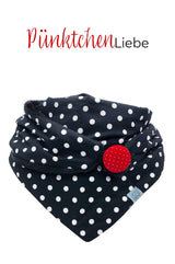 Pünktchenliebe Dreieckstuch mit Knopf, wie Loop nur viel praktischer, schwarz mit weißen Punkten, Knopf rot mit Pünktchen, rockabilly, warm, weich, schön , mit Liebe handgefertigt