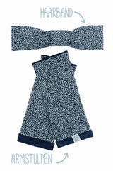 Set bestehend aus Haarband und Armstulpen blau mit dunkelblauem Futter aus Baumwolljersey und Niki mit Animalprint Leo