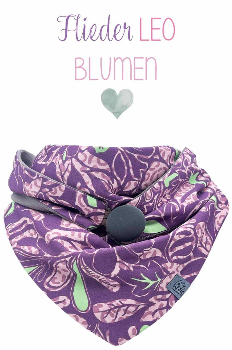 Halstuch für Damen mit praktischem Verschluss, tragbar wie ein oop nur ohne Frisur zerzausen, Oberstoff 100% Baumwolle Futterstoff Baumwollniki, Farben Flieder, Lila rosa, Mingrün, Motv: Blumen, Blätter und dezentes Leo im Hintergrund, made with Love in Thüringen/ Deutschland Handmade, Fair Wear, nachhaltig, slow fashion, verschiedene Tragevarianten, Lieblingstuch, Lieblingsstück