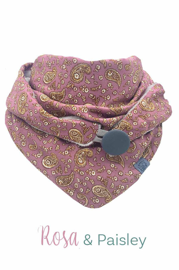 Halstuch Damen mit Knopf aus Viscose, gefüttert mit weichemBaumwollnicki, Oberstoff: Altrosa Viscose mit goldenem Paisley Muster, Futterstoff hellgrau, made with love, made in Germany, Handmade, langlebig, stilvoll, chic
