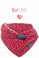 Halstuch für Damen mit Knopfverschluss, praktisch, stylisch und unendlich gemütlich, Oberstoff 100% Baumwolle, Futterstoff Baumwollniki, weich, winddicht, bequem, Farbe: warmes rot mit Blättchen Motiv, Futter: Beige, Creme Weiß, Sand, vielseitig tragbar, made with love in Germany, Fair Wear, handmade, Lieblingsstück, Rot Liebe