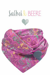 Halstuch für Damen, verschließbar mit Knopf, tragbar wie ein Loop aber ohne Frisur verwuscheln, Filigranes Wildblumenmuster in Rosa beerige Farbtönen mit gelben, orangenen und Salbei grnen Akzenten, made with Love, Handmade, made in Germany, nachhaltig, Lieblingstuch, Futterstoff Baumwollniki