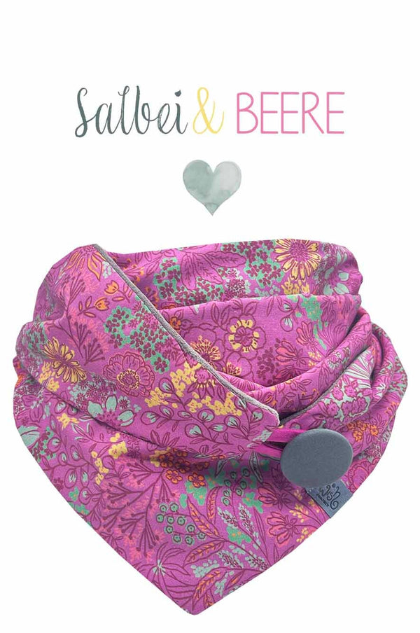 Halstuch für Damen, verschließbar mit Knopf, tragbar wie ein Loop aber ohne Frisur verwuscheln, Filigranes Wildblumenmuster in Rosa beerige Farbtönen mit gelben, orangenen und Salbei grnen Akzenten, made with Love, Handmade, made in Germany, nachhaltig, Lieblingstuch, Futterstoff Baumwollniki