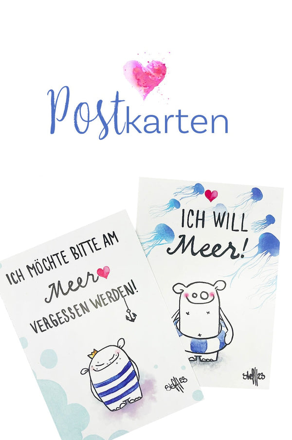 Künstlerpostkarten mit witzigen Sprüchen und süßen illustrationen vom Meer. made by wishproject, handgezeichnet mit Liebe
