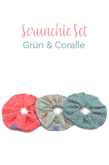 Scrunchie Set | Grün & Coralle Haarband wishproject - Set mit 3 Scrunchie haargummis in grün und Coralle, Haarschonend, für tolle, individuelle Frisuren, perfektes Styling, waschbar