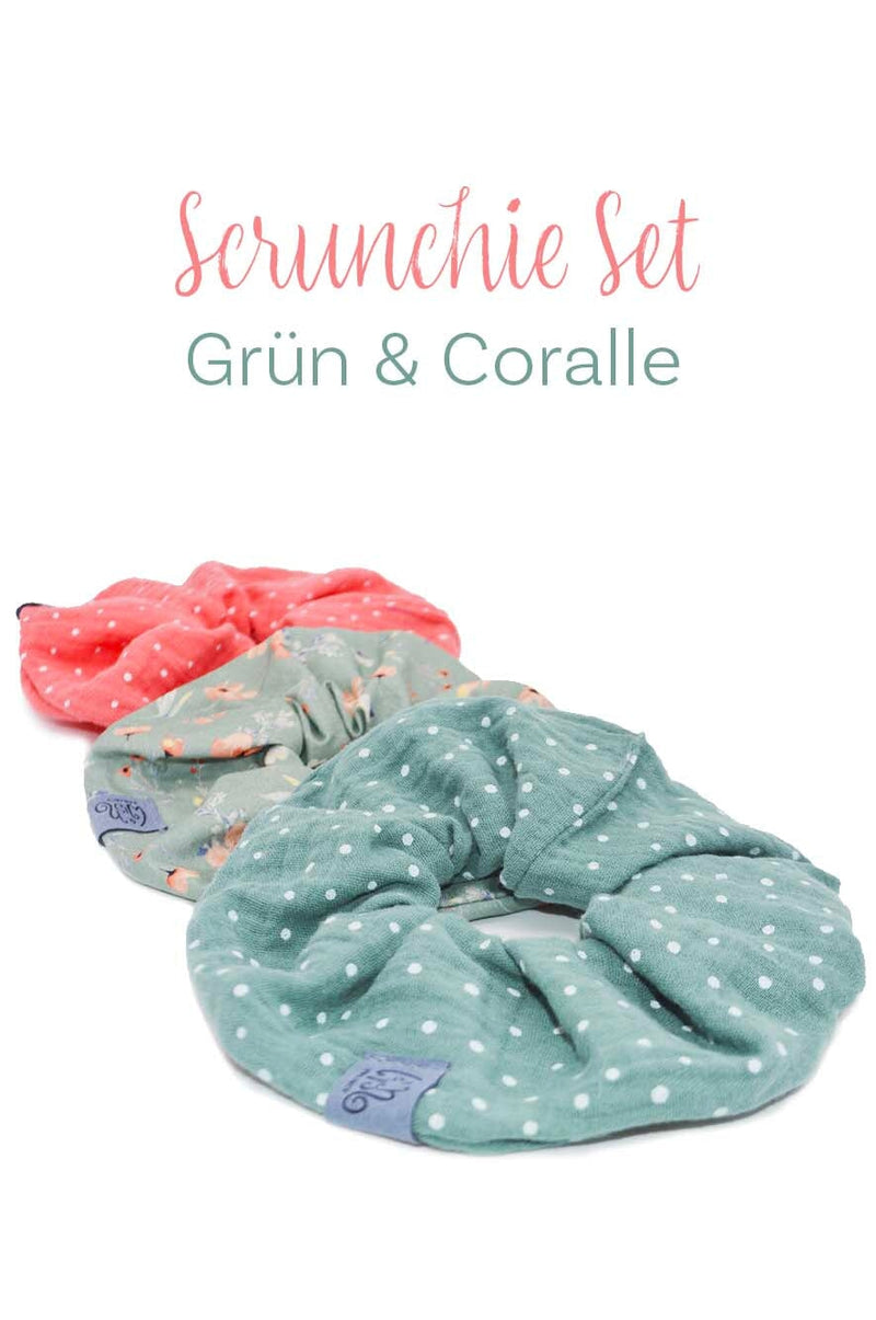 Scrunchie Set | Grün & Coralle Haarband wishproject - bezauberndes Scrunchie Set, bestehend aus 3 verschiedenen, großen Haargummis, nachhaltig, schön und super praktisch
