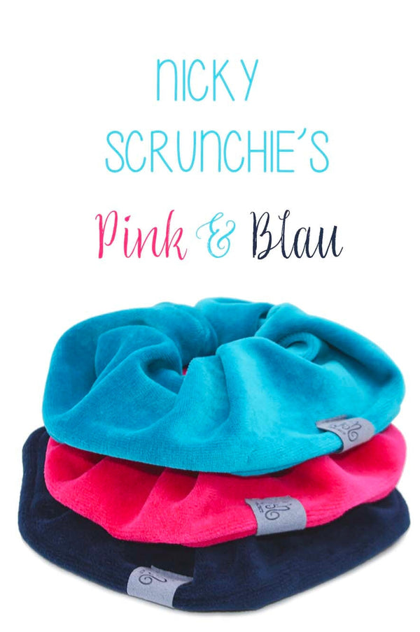 Scrunchie Set | NICKY | Pink & blue -  tolles Set aus 3 großen Scrunchie Haargummis, Baumwolle, Farben: pink, türkis, dunkelblau, made with Love, Handmade , Fair wear
