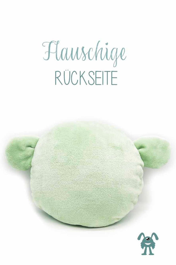 Rückseite von Kissen mit Ohren, praktisch als Kopfkissen, Dekokissen, Sofakissen. aus weichem Microfaserplüsch auf der Rückseite, made with love for you, Fair Wear, handmade