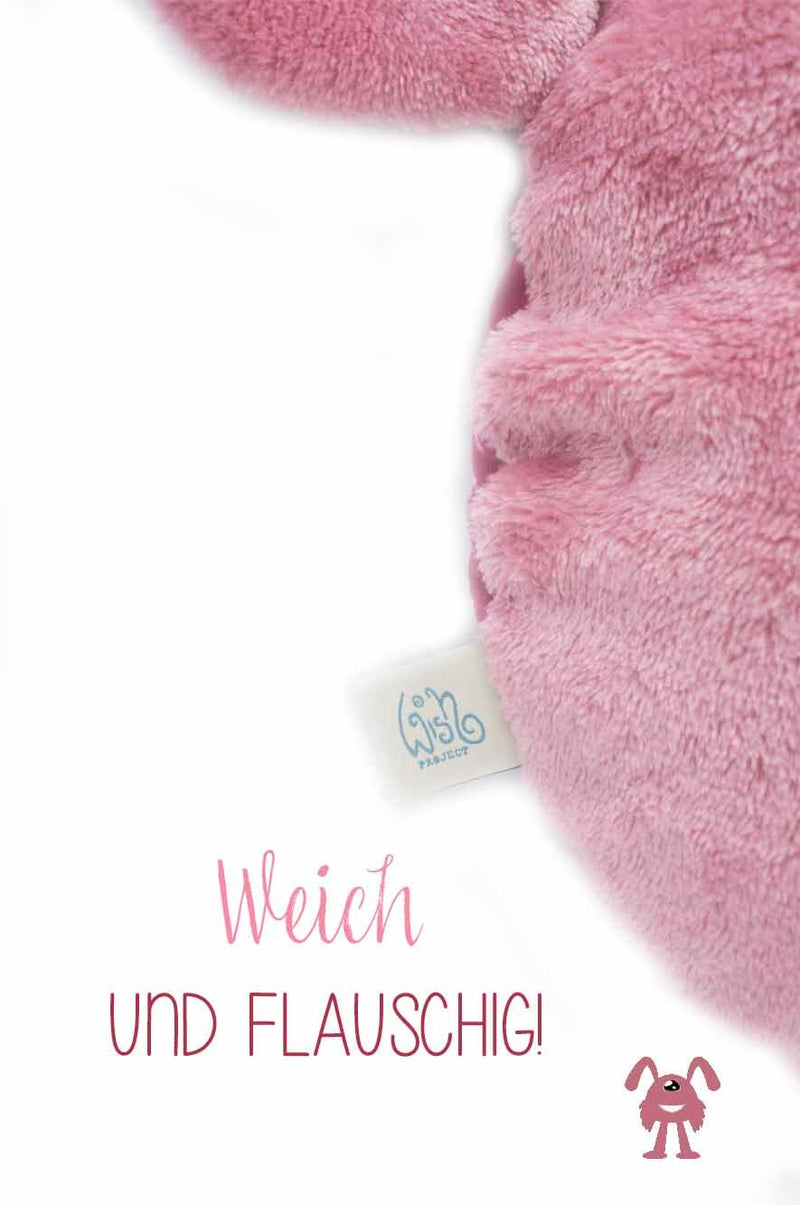 Detail von Rückseite Kissen mit Öhrchen rosa Label Wishproject