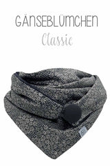 Dreieckstuch | Mini Gänseblümchen | Grau & Schwarz Kuscheltuch wishproject 
Detail von Dreieckstuch winter-Tuch Damen aus Baumwolle schwarz grau mit Knopf , warm, stilvoll, chic, Dreieckstuch mit Knopf aus Baumwolle, gefüttert mit Baumwollnicki, Farbe schwarz mit grauen Mini-Gänseblümchen und Punkten, wie eine Gänseblümchenwiese