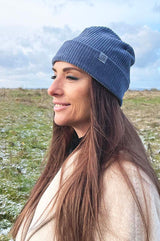 Blaue Cordmütze aus elastischem Cord-Jersey, zeitlose Wintermütze mit angenehmem Tragekomfort