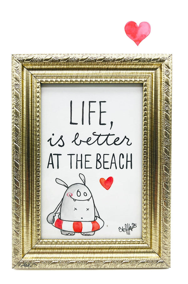 Original Aquarellzeichnung „Life is better at the beach“ im goldenen Rahmen, handgezeichnet und als Unikat. made with love by wishproject