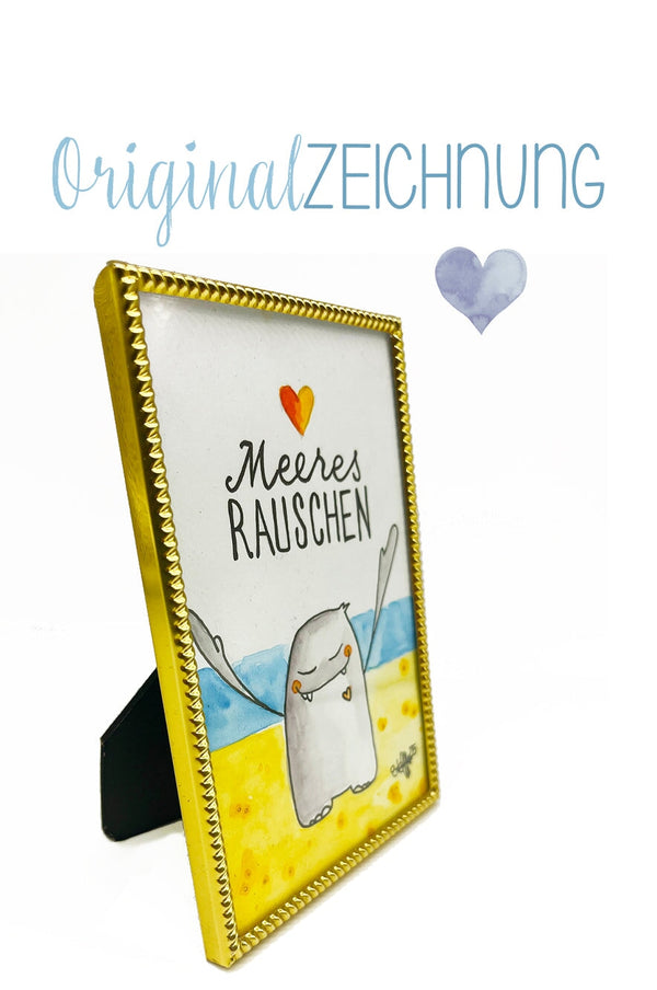 Originalzeichnung Meeresrauschen Zeichnung wishproject 
Seitliche Ansicht der handgemalten Aquarellzeichnung „Meeresrauschen“ im goldfarbenen Rahmen, detailreich und liebevoll gestaltet.