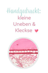 Detail von Handgedruckten Tuch mit kleinen klecksen und unebenheiten handmade with love
