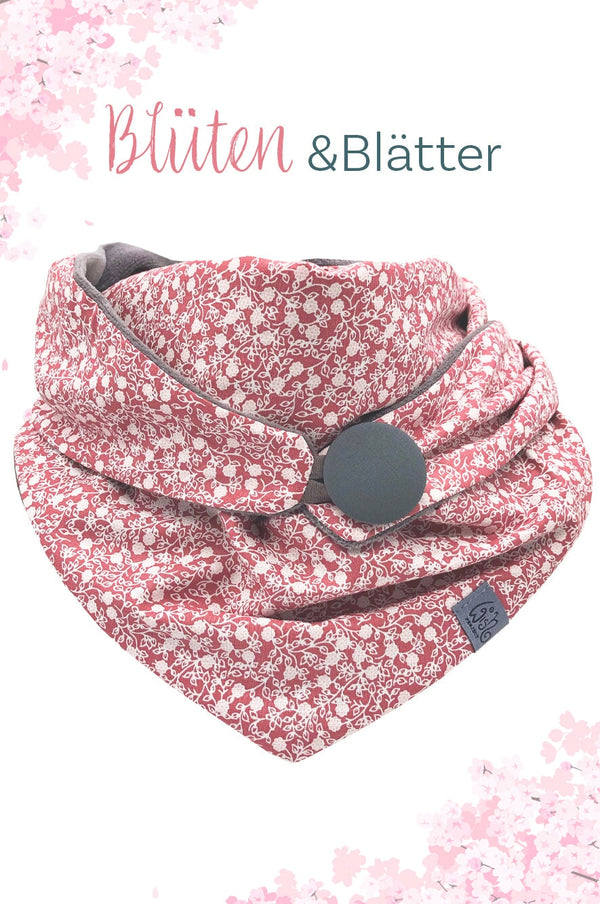 Blüten & Blätter ist ein weiches, schickes Tuch aus  rosa Baumwolle, gefüttert mit weichem, warmen Futterstoff, mit Knopf zum schließen, um die Frisur nicht zu zerzausen, made with love, made in germany, nachhaltig, fairwear, fair produziert, hergestellt in Deutschland 