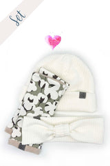 3-teiliges Damen Accessoire Set in Cremeweiß mit Cordjersey Mütze und Haarband sowie floralen Stulpen in dunklen Salbeigrün, Dunkelbraun und Weiß von WISH Project.
