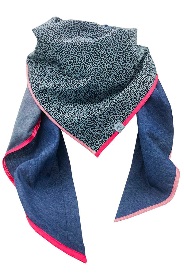 Dreieckstuch damen jeans denim mit Leo print blau rosa satin borte und glitter borte