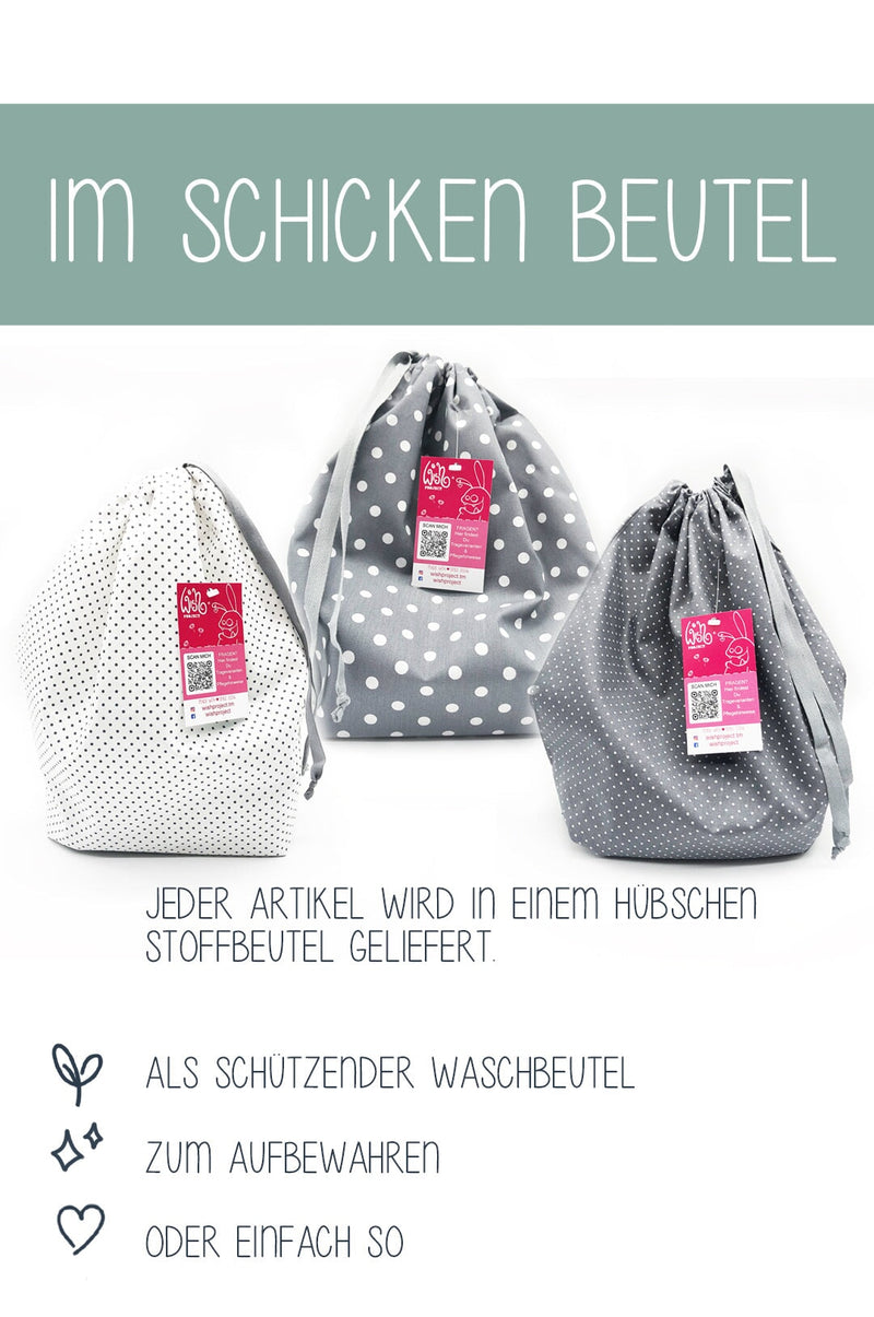 Jedes Tuch versenden wir in einem dieser schönen, praktischen und nachhaltigen Baumwollbeutel, zum wiederverwenden, perfekt als Geschenkverpackung
