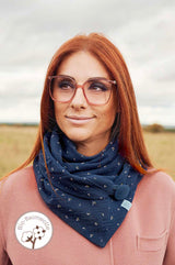 Halstuch Damen aus Bio-Baumwolle. Dreieckstuch mit Knopf , Musselin-Tuch, dunkelblau, navy mit kleinen Kirschen. Chic, wärmend und schön. made with love by wishproject.