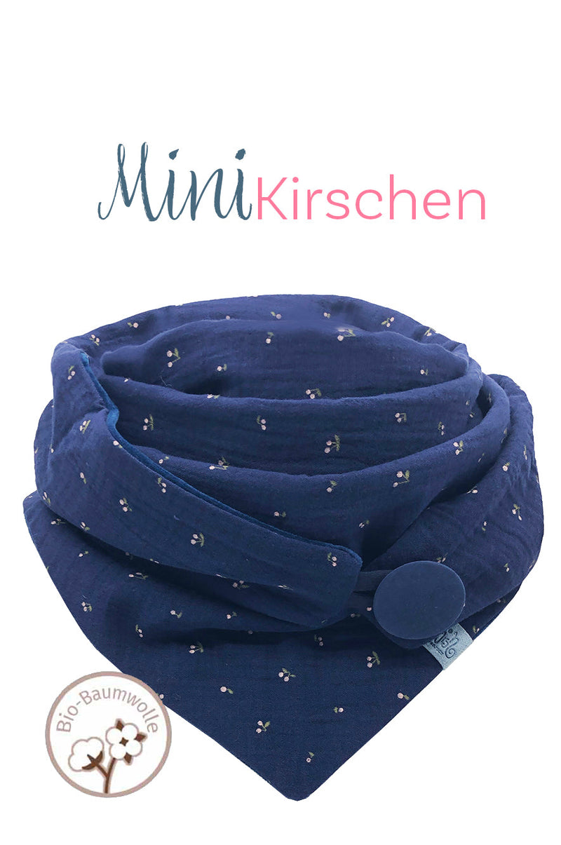 Halstuch Damen Musselintuch aus Bio-Baumwolle , GOTS zertifiziert. Dunkelblau mit Kirsch-Print, made with Love, fair wear, nachhaltig, label aus recyceltem Meeres-Plastik