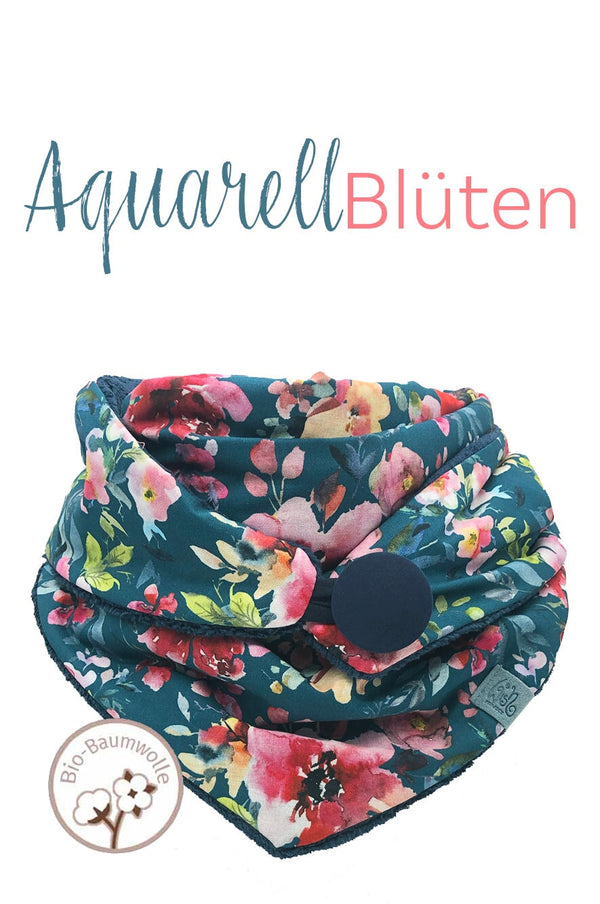 Dreieckstuch mit Knopf, wie Loop, warm, flauschig, chic, Farbe dunkelblau mit bunten Blüten Aquarell 