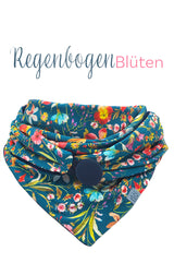 Halstuch Damen aus weichem Viscose-Jersey Farbe Petrol mit Digitaldruck Regenbogen Blüten