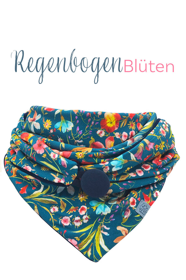 Halstuch Damen aus weichem Viscose-Jersey Farbe Petrol mit Digitaldruck Regenbogen Blüten