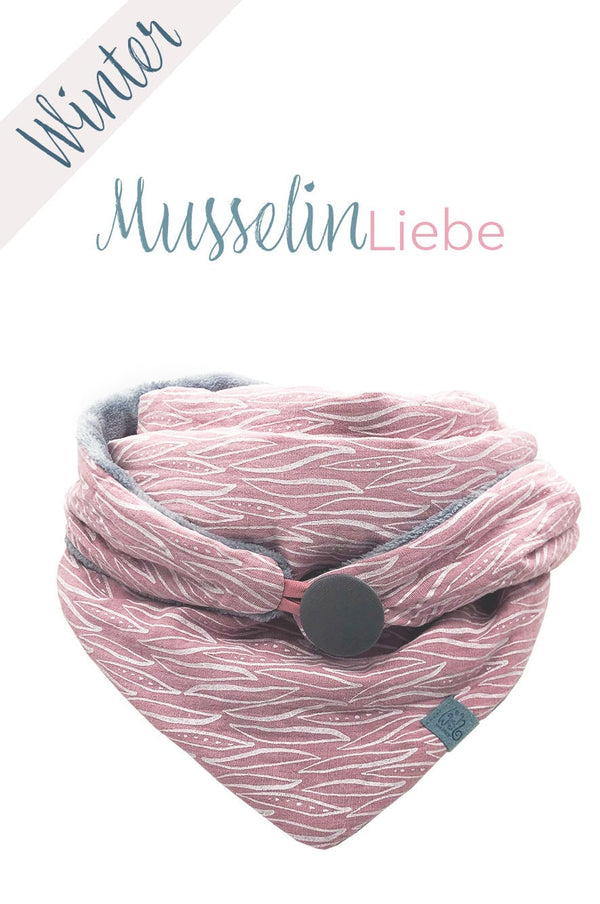 Halstuch Damen für den Winter aus rosa Musselin mit weißem Muster  Blätter, Dreieckstuch mit Knopf, rosa & grau, Musselin, Baumwolle und Microfaserplüsch als Futterstoff, leicht, weich und schön warm, perfekt für den Winter , made with Love by wishproject, handmade, fair wear, slow fashion