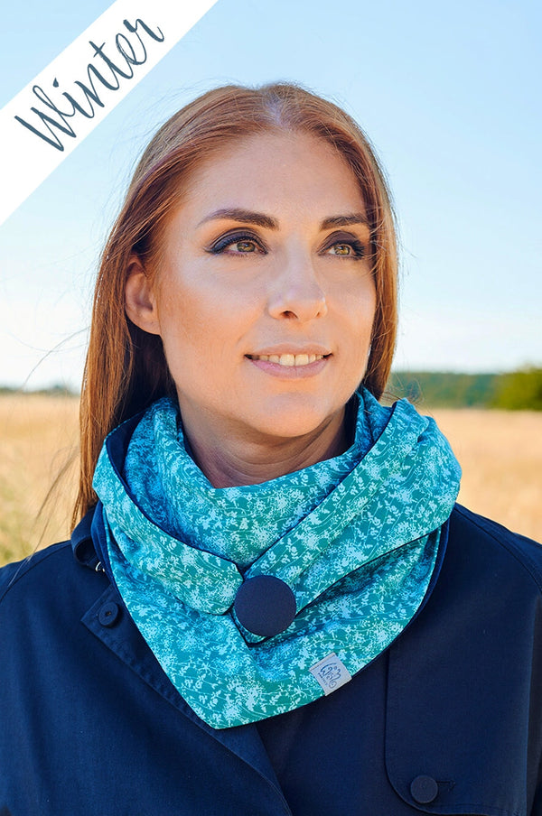 Halstuch Damen türkis, petrol, dunkelblau Pusteblumen, wie ein Dreieckstuch mit Knopf fair wear, made with love, nachhaltig