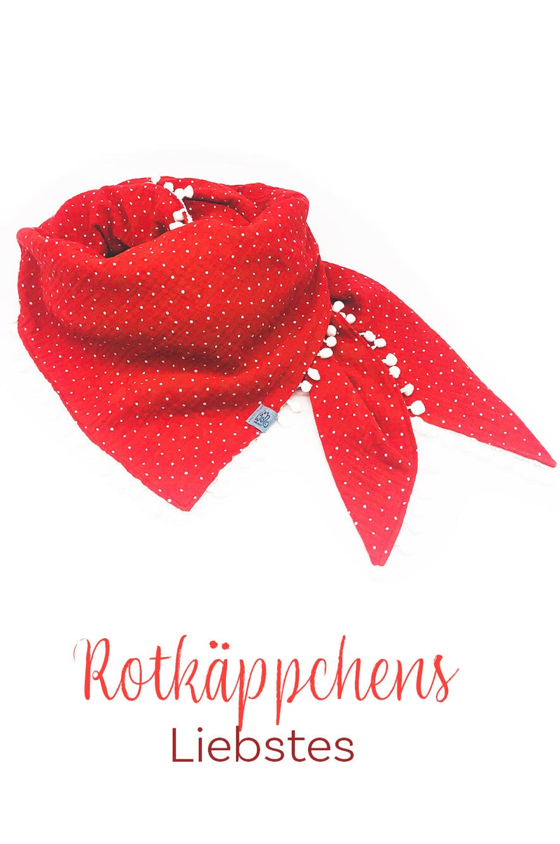 Sommertuch | Rot, Punkte & PomPom's | Musselin Sommertuch wishproject , gebunden als Halstuch , vielseitig, schön und nachhaltig