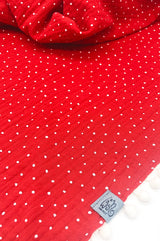 Sommertuch | Rot, Punkte & PomPom's | Musselin Sommertuch wishproject , Detail von Halstuch Damen aus Double Gauze rot mit weißen Punkten 