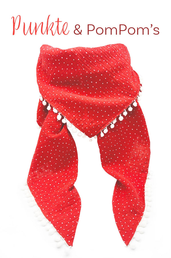Sommertuch | Rot, Punkte & PomPom's | Musselin Sommertuch wishproject, Halstuch Damen aus rotem, weichen Musselin mit weißen Punkten und Bommeln , made with Love, handmade in Gotha, PomPom's, rockabilly, red dots